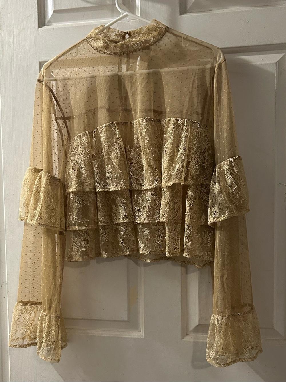 LOFT Sheer Tiered Lace Ruffle Blouse - Beige